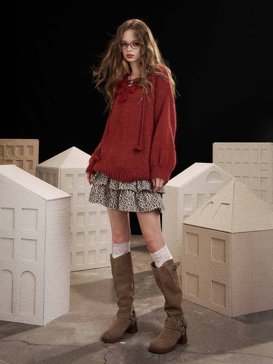 3Dフローラル刺繍とルーズフィットのソフトニットセーター