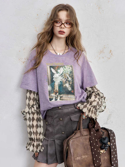 Y2K ドロップショルダー二重効果グラフィックプリントコットンTシャツ