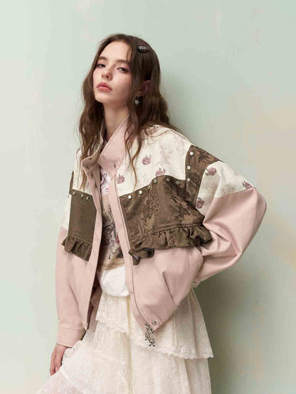 Vintage Sweet Cool Rivet Accent Jacquard Ruffle Cropped Jacket