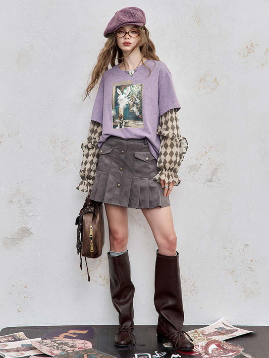 Y2K ドロップショルダー二重効果グラフィックプリントコットンTシャツ
