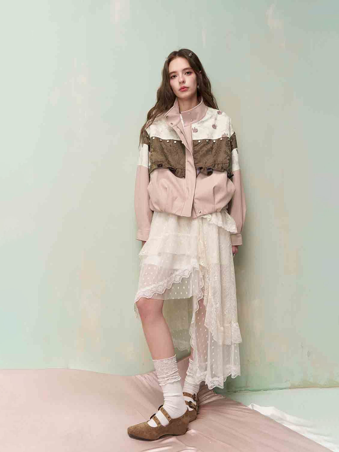 Vintage Sweet Cool Rivet Accent Jacquard Ruffle Cropped Jacket