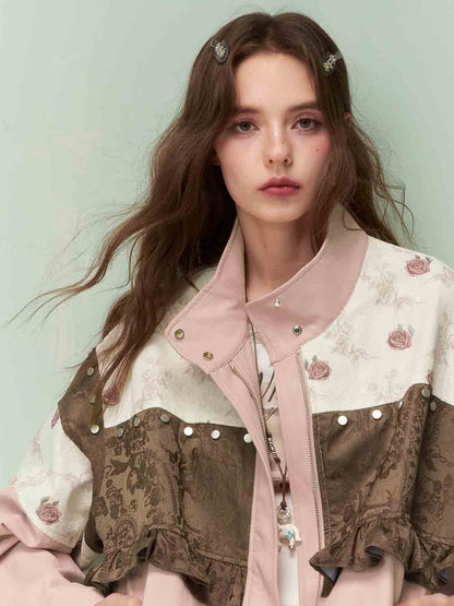 Vintage Sweet Cool Rivet Accent Jacquard Ruffle Cropped Jacket