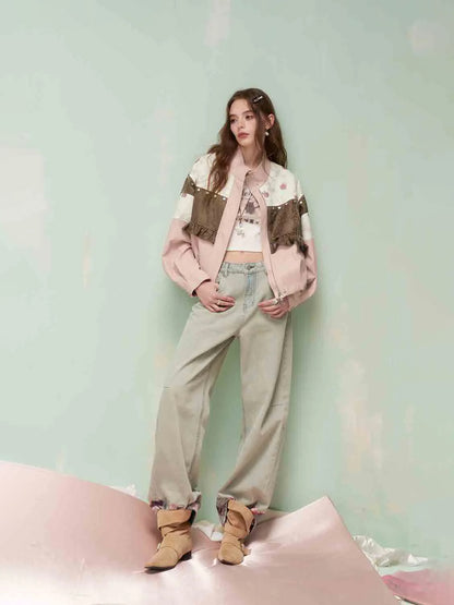 Vintage Sweet Cool Rivet Accent Jacquard Ruffle Cropped Jacket