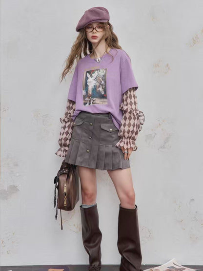 Y2K ドロップショルダー二重効果グラフィックプリントコットンTシャツ